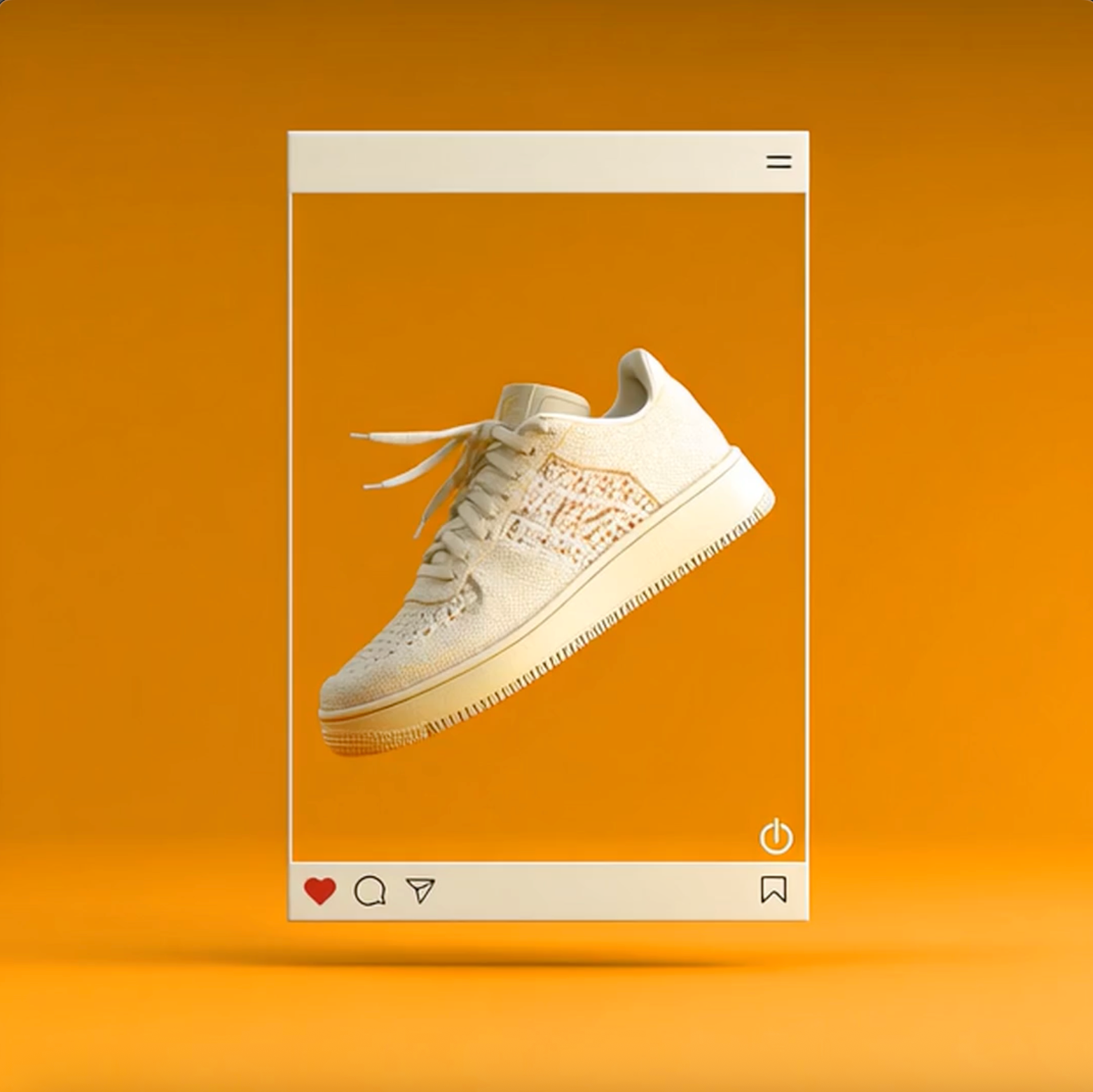 AI-generated product image of a floating sneaker inside a 3D Instagram-style frame – bold orange background highlighting Gal Ben Zeev’s use of smart visuals for social commerce.
תמונה של נעל ספורט מרחפת בתוך מסגרת אינסטגרם – ויז'ואל נועז וממותג שממחיש יצירת תוכן בעזרת בינה מלאכותית לקידום מכירות.